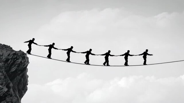 Silhouettes of seven people walking carefully on a tightrope stretched between two cliffs during daytime in cloudy sky background symbolizing teamwork and balance