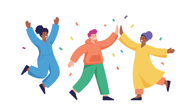 Group of diverse young friends jumping high and celebrating together with colorful confetti scattered around.