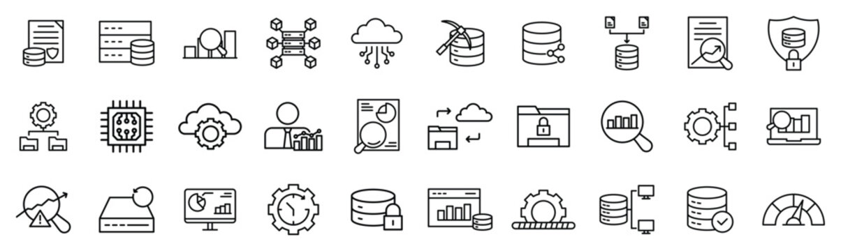 Data Analytics and Database Line Icon Set with Cloud Computing, Cybersecurity, Server and Business Intelligence Symbols
