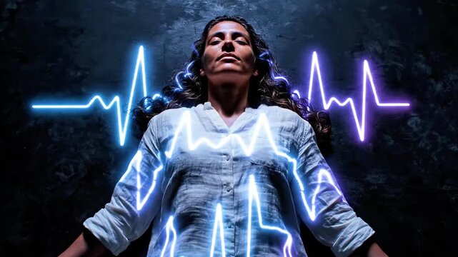 A woman with long, curly hair wearing a light blue shirt stands calmly with her arms at her sides, surrounded by glowing blue and purple neon-like ECG lines against a dark background