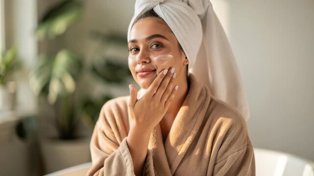 Young woman applying facial cream with towel wrapped on head for skincare routine at home