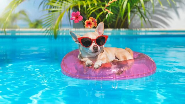 Charming small dog wearing red sunglasses relaxing on pink inflatable ring in bright blue swimming pool under tropical sun