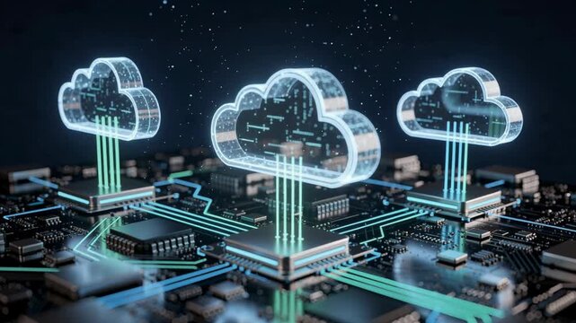 Futuristic cloud computing technology concept with digital clouds and circuit board connections