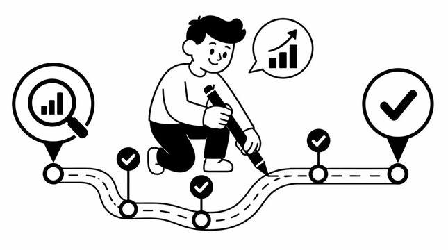 Illustration of person analyzing data on a path to success.