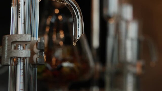 Distillation alcohol gin glass equipment laboratory liquid closeup transparent process scientific chemistry beverage industry apparatus tube macro reflection modern technology clean precise