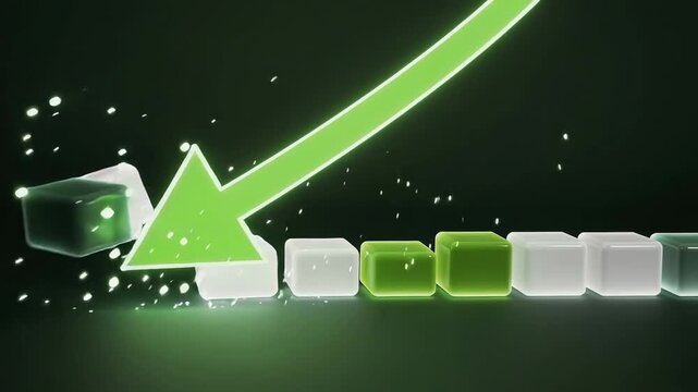3D green and white bar chart with descending trend arrow and glowing particles on dark background