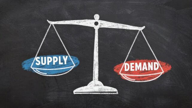 Balanced supply and demand concept with scales on chalkboard for business and economy illustration