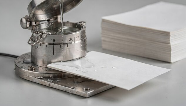 Closeup medium view of scientific equipment measuring Cobb test values on paper samples to evaluate water absorption properties.