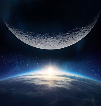Futuristic space illustration showing planet Earth with glowing blue atmosphere and the Moon rising above the horizon against a deep starry sky.  Elements of this image furnished by NASA.