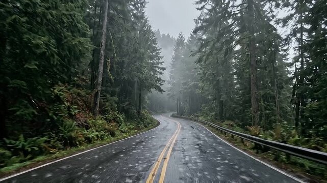 Tracking slow pan of winding wet road curving through misty temperate rainforest with tall evergreen trees and guardrail on hillside during overcast autumn morning