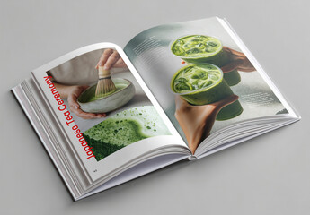 Open Magazine Mockup With Green Matcha Tea Pages