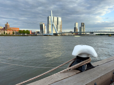 Rotterdam skyline behind Erasmus cable bridge over river in warm dramatic evening light, Netherlands