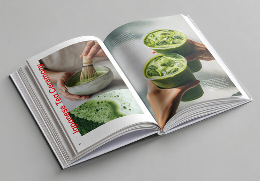 Open Magazine Mockup With Green Matcha Tea Pages