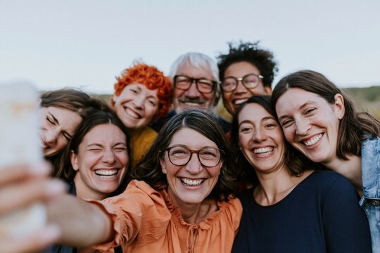 Multiracial and multigenerational group of people taking a self portrait with a smartphone, leaning in with joyful smiles for a diversity lifestyle concept