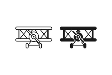 Vintage biplane airplane icon set in line and solid style, classic propeller aircraft front view © Bayu