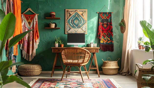 Boho Home Office Interior.
