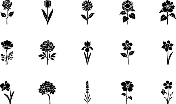 Collection of fifteen minimalist black floral silhouette icons featuring roses and tulips isolated on a clean white background.