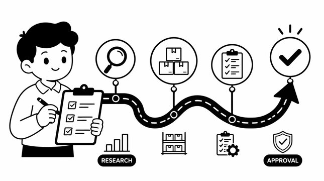 Business process workflow illustration with character and steps.