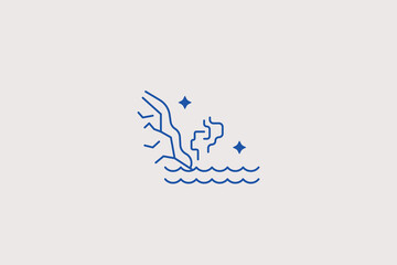 Fototapeta premium Volcanic lava flowing into rippling sea water line icon for geology blog, travel agency, science website. Beautiful vector illustration for education services.