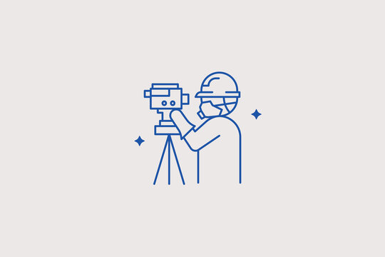 Geodetic surveyor worker with total station land tripod line icon for engineering firm, construction site, mapping app. Precise vector illustration for building services.