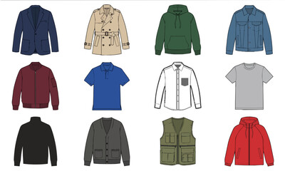 Set of twelve mens clothing items flat sketches © Mahmudul