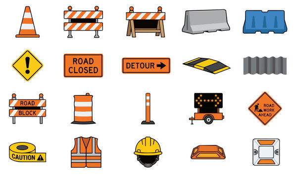 Set of twenty construction and road safety equipment icons
