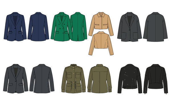 Women's jacket and blazer technical flat fashion sketches