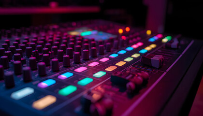 Fototapeta premium Close-up of a professional audio mixing console with colorful buttons