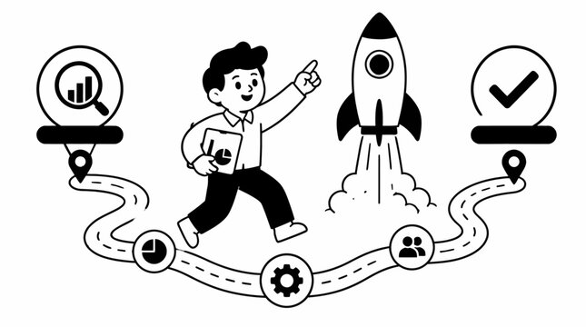 Cartoon boy running on path with rocket and icons.