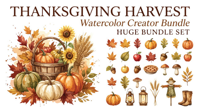 Thanksgiving Harvest Watercolor Creator Bundle, Autumn Pumpkin and Foliage Clipart Set, Rustic Fall Season Illustration Elements for Greeting Cards
