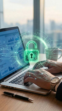 Digital padlock overlaying a laptop with data visualization, symbolizing cybersecurity and data protection in business.