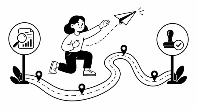 Woman running on winding path with paper plane and icons.