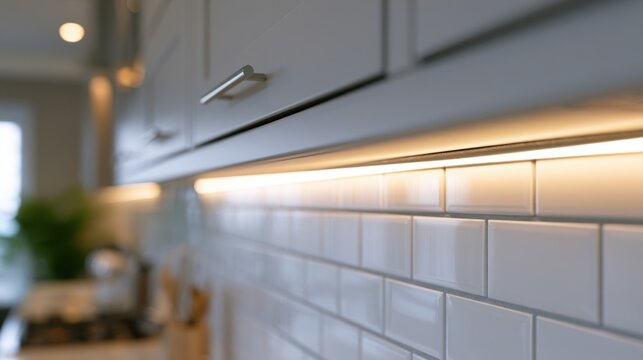 Kitchen with white subway tile backsplash and under-cabinet led lighting