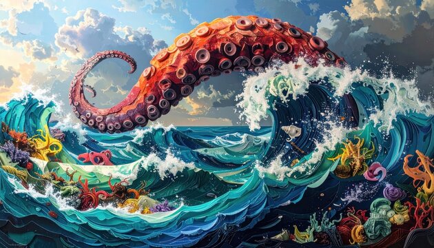 Vibrant ocean scene with a colossal octopus tentacle emerging from the waves.