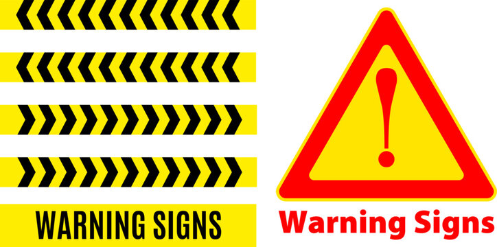 Danger warning signs and black and yellow caution tape with hazard symbols, warning signs, do not enter, attention, stop, and security.