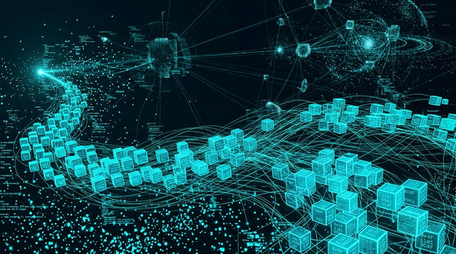 Digital network visualization with glowing blue data cubes and lines, symbolizing connectivity, technology, and information flow