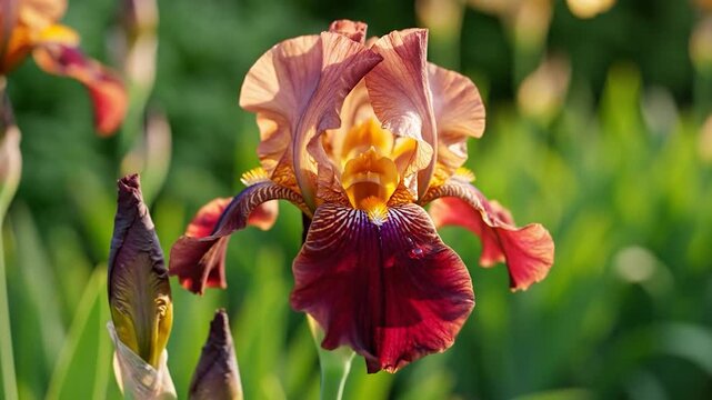 Stunning bronze bearded iris flower blooming in a lush garden