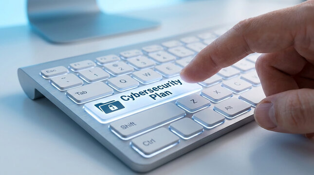 Finger pressing a keyboard key labeled "Cybersecurity Plan", symbolizing action and implementation of digital protection strategies for security.