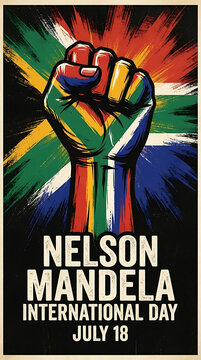 Nelson mandela international day poster with painted flag colors fist design