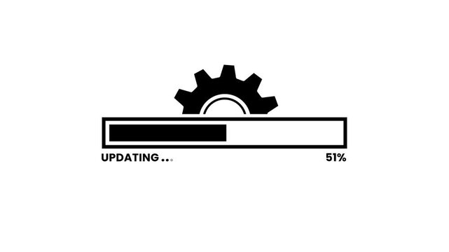 Updating bar with gear icon animation on transparent background. Loading bar animation with software update and settings icon. Update process with spinning settings gear symbol with alpha channel