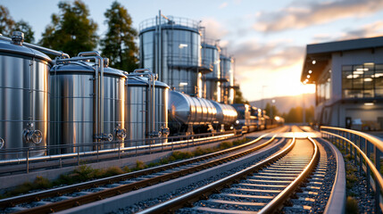Fototapeta premium Industrial storage tanks for chemical raw materials lined up beside railway loading area with bulk chemical logistics and transport infrastructure, photorealistic premium