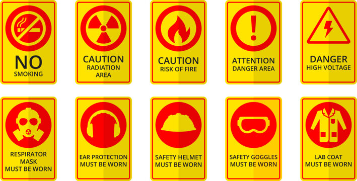 Set of mandatory personal protective equipment safety warning signs.