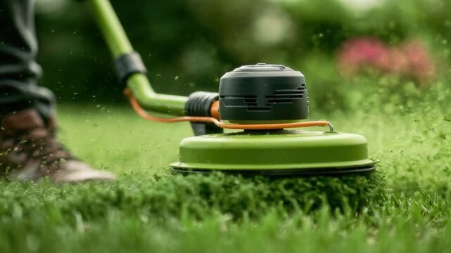 Close-up of person using green electric string trimmer to cut thick grass with flying grass clippings outdoors in garden or yard on a sunny day