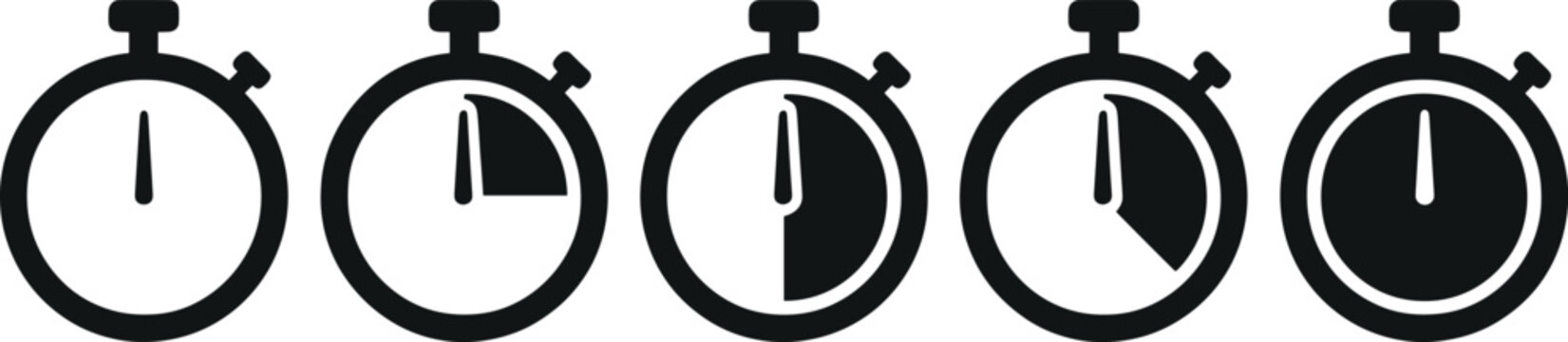 Minimalist set of five black stopwatch timer icons showing urgent progression steps on a clean bright white studio background.
