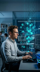 Fototapeta premium Man in office coding on computer with binary code and data visualization overlay, symbolizing digital technology and innovation