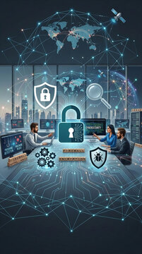 A digital network with a locked padlock, shield, magnifying glass, and people in a business setting, symbolizing cybersecurity and data protection.