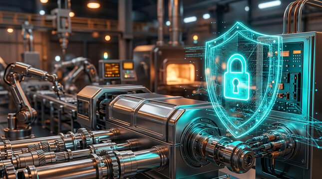 Holographic security shield over industrial machinery, symbolizing digital protection in manufacturing and technology sector