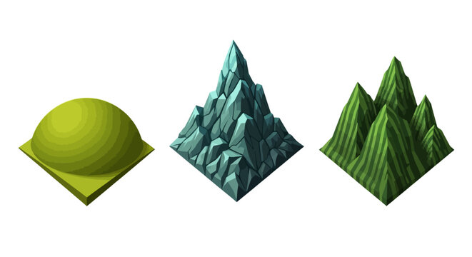 3d geometric shapes including a smooth dome, jagged pyramid, and layered triangular prism models