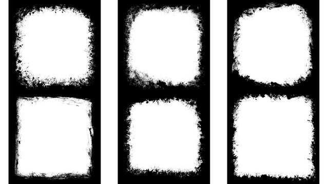 Grunge distressed border set, 6 white square frames on black background, vintage rough edge texture collection for photo masking and graphic design