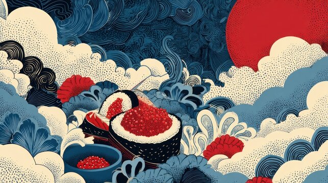 Sushi with roe in traditional style illustration